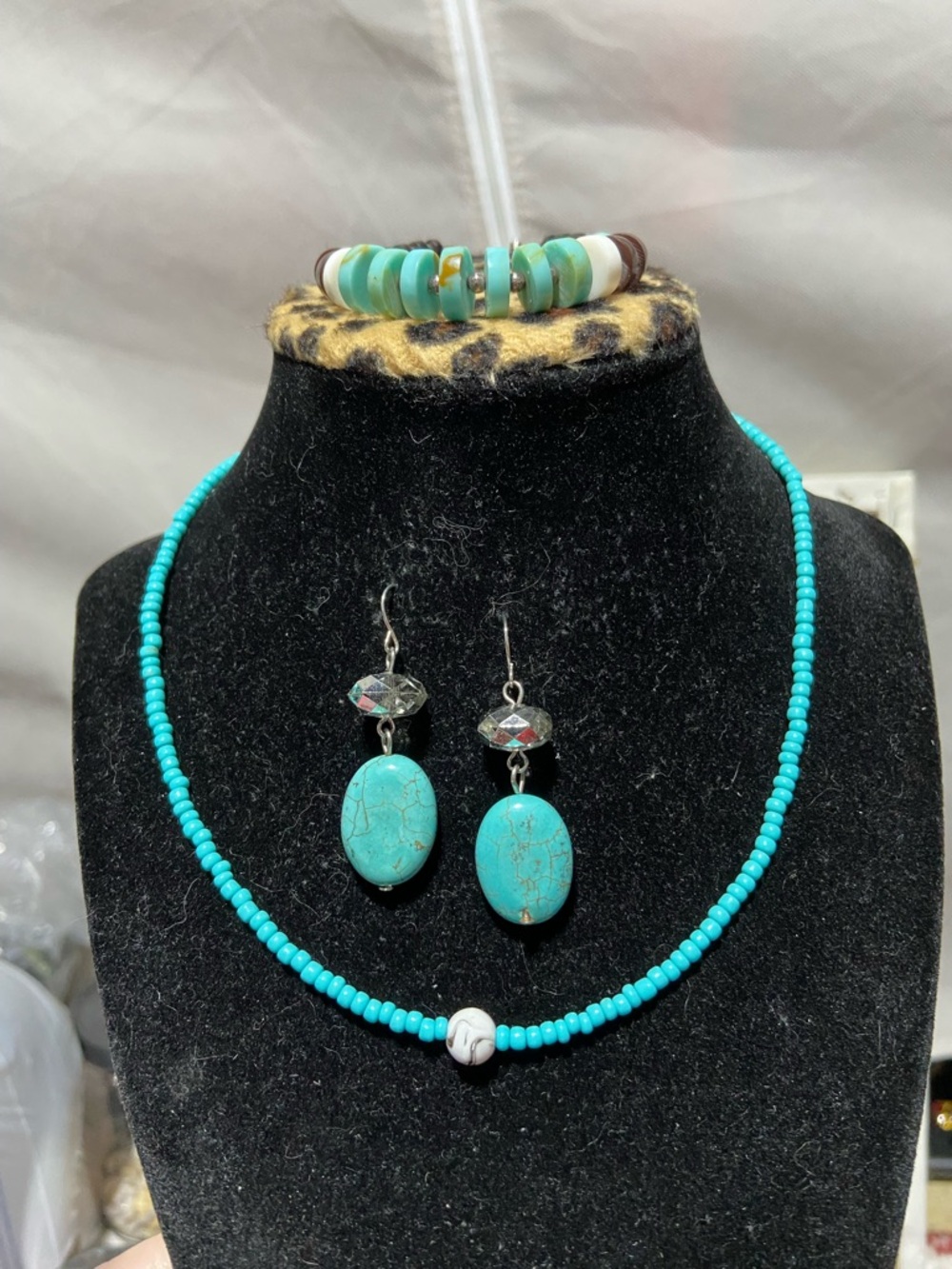 Beaded Necklace and Bracelet with Dyed Blue Stone Pierced Earrings Set